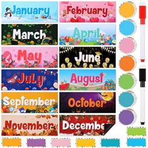 52 pcs magnetic holiday monthly headliners include 12 months of the year headers seasonal bulletin board border 31 writable round blank confetti accents 7 writable rectangle label for classroom school