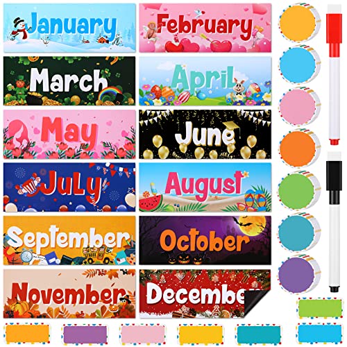 52 Pcs Magnetic Holiday Monthly Headliners Include 12 Months of The Year Headers Seasonal Bulletin Board Border 31 Writable Round Blank Confetti Accents 7 Writable Rectangle Label for Classroom School