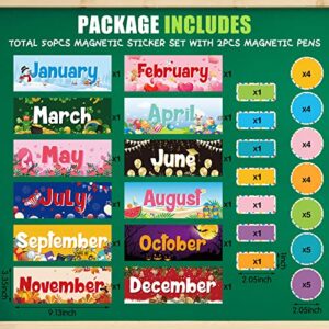 52 Pcs Magnetic Holiday Monthly Headliners Include 12 Months of The Year Headers Seasonal Bulletin Board Border 31 Writable Round Blank Confetti Accents 7 Writable Rectangle Label for Classroom School