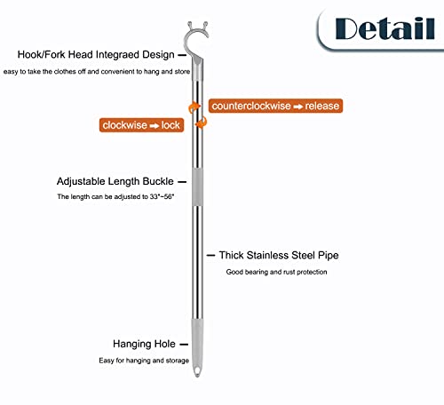 Closet Hanger Reacher Pole with Aluminum Alloy U-shaped Fork Head 56" Adjustable Extend Hook Pole for Closet Rod, Shelf Pole, Ceiling Pole