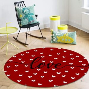 Indoor Large Round Area Rug for Living Room Kitchen Rug Happy Valentine's Day Sweet White Love Heart Romantic Love Anniversary Non-Slip Low-Profile Accent Throw Rug Carpet Runner Rug for Bedroom