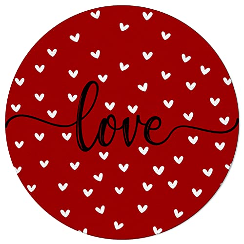 Indoor Large Round Area Rug for Living Room Kitchen Rug Happy Valentine's Day Sweet White Love Heart Romantic Love Anniversary Non-Slip Low-Profile Accent Throw Rug Carpet Runner Rug for Bedroom