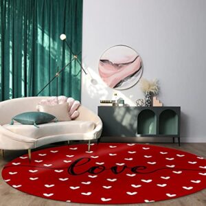 Indoor Large Round Area Rug for Living Room Kitchen Rug Happy Valentine's Day Sweet White Love Heart Romantic Love Anniversary Non-Slip Low-Profile Accent Throw Rug Carpet Runner Rug for Bedroom