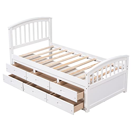 Merax Twin Size Solid Wood Platform Storage Bed with 6 Drawers, No Box Spring Needed, White