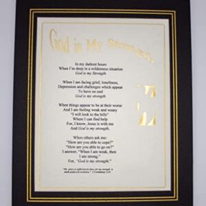 God Is My Strength, Christian Poem in Vegan Leather Frame with Built-in Easel & Hanger, Uplift Yourself or Gift to Others. For Home-Office-Dorm (Size 10 3/4 x 13 x 1/4 Inches)