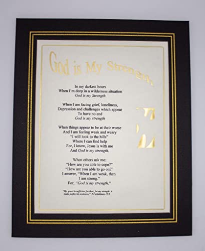 God Is My Strength, Christian Poem in Vegan Leather Frame with Built-in Easel & Hanger, Uplift Yourself or Gift to Others. For Home-Office-Dorm (Size 10 3/4 x 13 x 1/4 Inches)