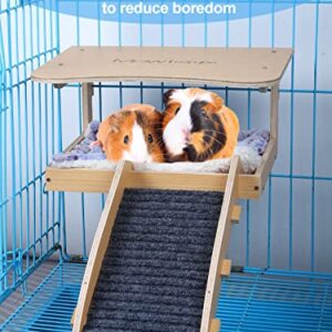 MEWTOGO Guinea Pig Hideout - Natural Wooden Small Animal House Bed with Stairs and Mat, Detachable Small Pet Hut Habitats for Guinea Pig Hamsters Bunny Chinchillas