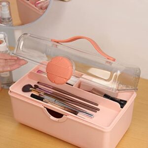 OSteed Craft Storage Organizer, Plastic Sewing Box Portable with Handle, Knob & Grid Tray for Art & Sewing Supply, Cosmetic and Medicine, Pink