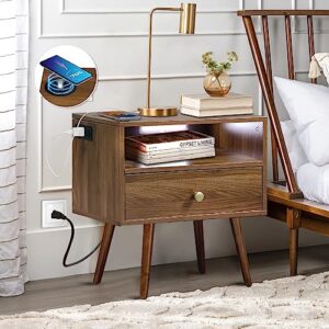 nightstand with charging station and led lights, mid century modern nightstand with wireless charger, wooden bedside storage cabinet for bedroom, large single drawer & an open shelf, walnut