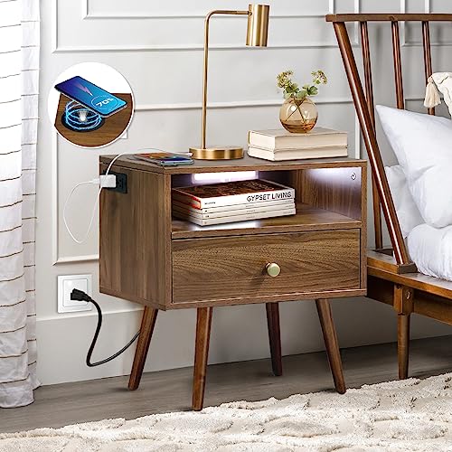 Nightstand with Charging Station and Led Lights, Mid Century Modern Nightstand with Wireless Charger, Wooden Bedside Storage Cabinet for Bedroom, Large Single Drawer & an Open Shelf, Walnut