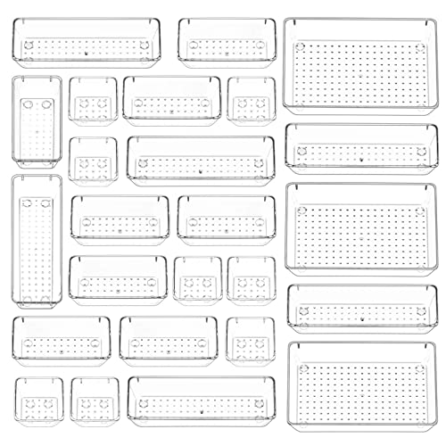 25 PCS Clear Drawer Organizers Set, 4 Sizes Plastic Vanity Drawer Organizers and Storage Bins, Desk Drawer Organizer Trays with Non-slip Silicone Pads for Makeup