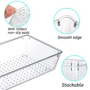 25 PCS Clear Drawer Organizers Set, 4 Sizes Plastic Vanity Drawer Organizers and Storage Bins, Desk Drawer Organizer Trays with Non-slip Silicone Pads for Makeup