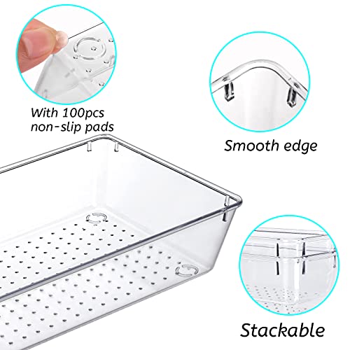 25 PCS Clear Drawer Organizers Set, 4 Sizes Plastic Vanity Drawer Organizers and Storage Bins, Desk Drawer Organizer Trays with Non-slip Silicone Pads for Makeup