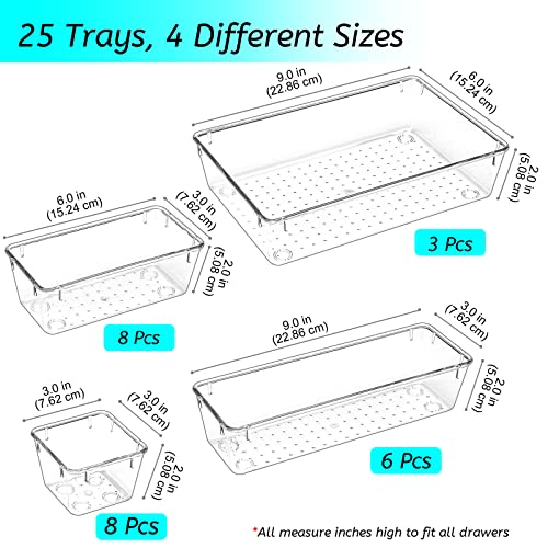 25 PCS Clear Drawer Organizers Set, 4 Sizes Plastic Vanity Drawer Organizers and Storage Bins, Desk Drawer Organizer Trays with Non-slip Silicone Pads for Makeup