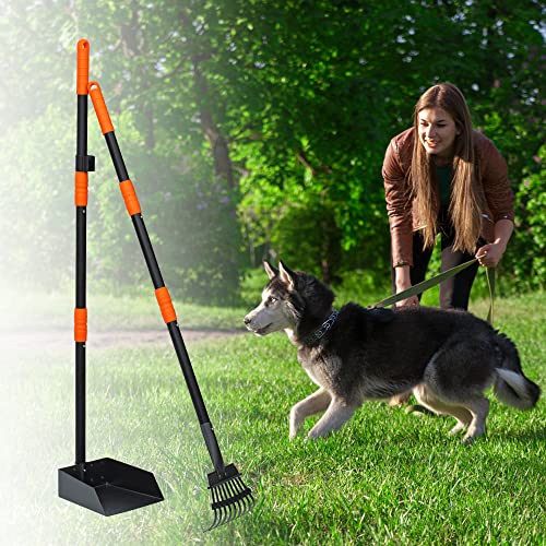 Niubya Pooper Scooper for Dogs, Metal Poop Scooper Tray and Rake Set with Adjustable Long Handle, Dog Pooper Scooper for Pet Waste Removal