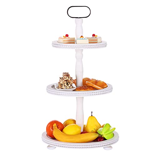 Urban Deco Wooden Tiered Tray 3-Tier Decorative Tray Stand Farmhouse Serving Tray, Round Wooden Cupcake Display Stand with Metal Handle, White Tiered Fruits Tray for Home Party Decorations