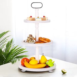 Urban Deco Wooden Tiered Tray 3-Tier Decorative Tray Stand Farmhouse Serving Tray, Round Wooden Cupcake Display Stand with Metal Handle, White Tiered Fruits Tray for Home Party Decorations