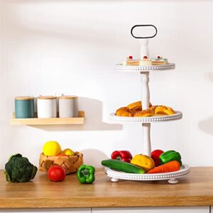 Urban Deco Wooden Tiered Tray 3-Tier Decorative Tray Stand Farmhouse Serving Tray, Round Wooden Cupcake Display Stand with Metal Handle, White Tiered Fruits Tray for Home Party Decorations