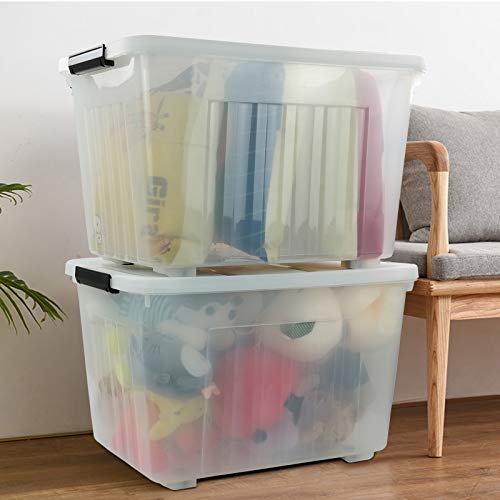 Bringer 4-Pack Large Plastic Storage Box, 70 L Clear Storage Box Latch with Wheels