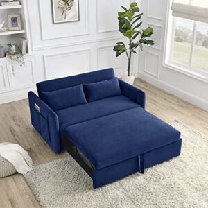 Melpomene Loveseat Sleeper Velvet Couch w/Pull-Out Bed and Adjustable Back, 55" Modern Convertible Sofa Bed w/ 2 Detachable Arm Pockets and 2 Pillows (Blue)