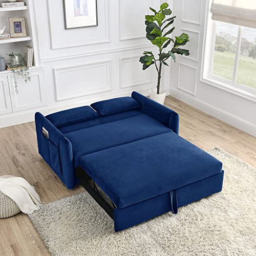 Melpomene Loveseat Sleeper Velvet Couch w/Pull-Out Bed and Adjustable Back, 55" Modern Convertible Sofa Bed w/ 2 Detachable Arm Pockets and 2 Pillows (Blue)