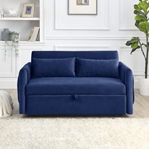 Melpomene Loveseat Sleeper Velvet Couch w/Pull-Out Bed and Adjustable Back, 55" Modern Convertible Sofa Bed w/ 2 Detachable Arm Pockets and 2 Pillows (Blue)