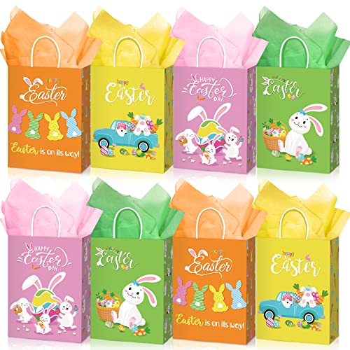 24 Pcs Easter Gift Bags with Handles Tissue Paper for Kids, Bunny Paper Treat Candy Bags Easter Egg Hunts Bags Rabbit Cookie Gift Wrapping Bags Happy Easter Party Favor Seasonal Spring Decor, 4 Colors