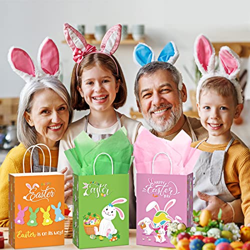 24 Pcs Easter Gift Bags with Handles Tissue Paper for Kids, Bunny Paper Treat Candy Bags Easter Egg Hunts Bags Rabbit Cookie Gift Wrapping Bags Happy Easter Party Favor Seasonal Spring Decor, 4 Colors