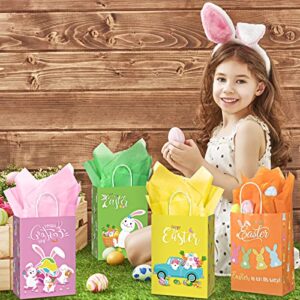 24 Pcs Easter Gift Bags with Handles Tissue Paper for Kids, Bunny Paper Treat Candy Bags Easter Egg Hunts Bags Rabbit Cookie Gift Wrapping Bags Happy Easter Party Favor Seasonal Spring Decor, 4 Colors