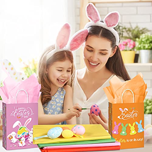 24 Pcs Easter Gift Bags with Handles Tissue Paper for Kids, Bunny Paper Treat Candy Bags Easter Egg Hunts Bags Rabbit Cookie Gift Wrapping Bags Happy Easter Party Favor Seasonal Spring Decor, 4 Colors