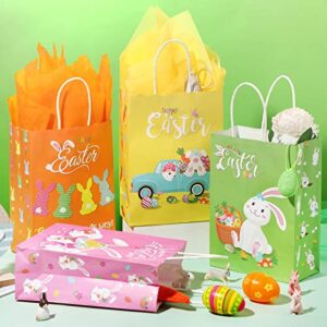 24 Pcs Easter Gift Bags with Handles Tissue Paper for Kids, Bunny Paper Treat Candy Bags Easter Egg Hunts Bags Rabbit Cookie Gift Wrapping Bags Happy Easter Party Favor Seasonal Spring Decor, 4 Colors