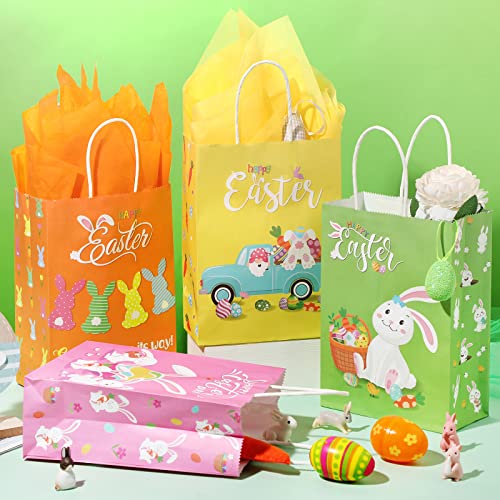 24 Pcs Easter Gift Bags with Handles Tissue Paper for Kids, Bunny Paper Treat Candy Bags Easter Egg Hunts Bags Rabbit Cookie Gift Wrapping Bags Happy Easter Party Favor Seasonal Spring Decor, 4 Colors