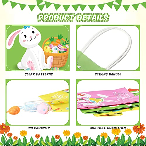 24 Pcs Easter Gift Bags with Handles Tissue Paper for Kids, Bunny Paper Treat Candy Bags Easter Egg Hunts Bags Rabbit Cookie Gift Wrapping Bags Happy Easter Party Favor Seasonal Spring Decor, 4 Colors