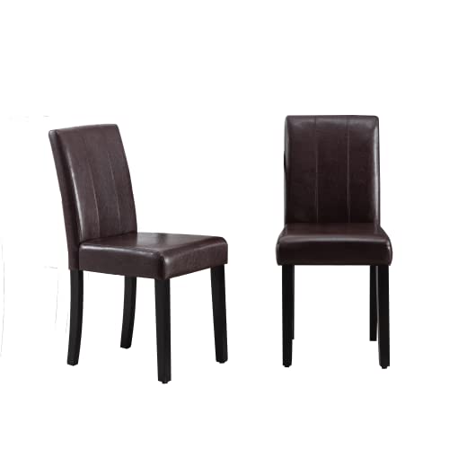 FUNESI PU Leather Upholstered Dining Chair, Armless Parsons Chair with Black Solid Wood Legs Set of 2（Brown