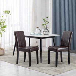 FUNESI PU Leather Upholstered Dining Chair, Armless Parsons Chair with Black Solid Wood Legs Set of 2（Brown