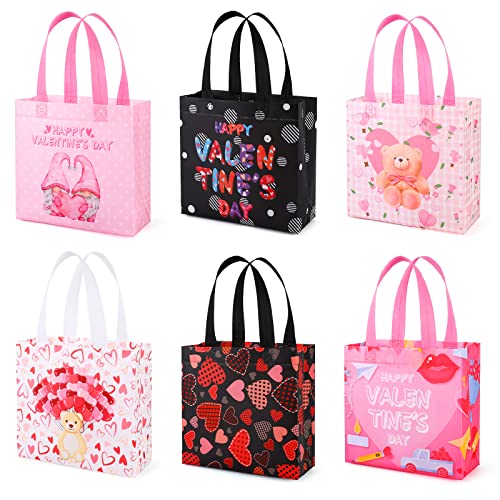 YANGTE 12Pcs Valentine's Day Gift Bags with Handles, Reusable Tote Bags Non-Woven Valentines Gift Bags for Kids Classroom Gift Exchange Party Favor, Gift Giving Goody Bags for Gift Wrapping