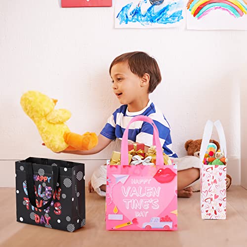 YANGTE 12Pcs Valentine's Day Gift Bags with Handles, Reusable Tote Bags Non-Woven Valentines Gift Bags for Kids Classroom Gift Exchange Party Favor, Gift Giving Goody Bags for Gift Wrapping