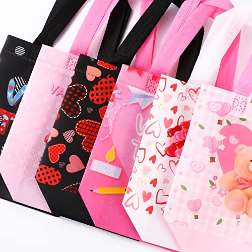 YANGTE 12Pcs Valentine's Day Gift Bags with Handles, Reusable Tote Bags Non-Woven Valentines Gift Bags for Kids Classroom Gift Exchange Party Favor, Gift Giving Goody Bags for Gift Wrapping