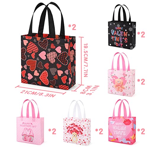 YANGTE 12Pcs Valentine's Day Gift Bags with Handles, Reusable Tote Bags Non-Woven Valentines Gift Bags for Kids Classroom Gift Exchange Party Favor, Gift Giving Goody Bags for Gift Wrapping