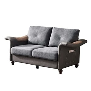 calabash linen fabric leather 2 seater sofa couch for bedroom, 61" modern upholstered tufted loveseat sofa with curved armrest & removable storage boxes for living room office(dark grey)