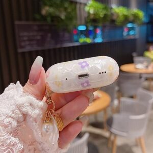 PHOEACC Cute Airpod Pro 2 Case (2022) Flower with Glitter Shell Pearl Keychain Marble Hard TPU Protective Cover Compatible with AirPods Pro 2nd Generation Case for Girls Teens Women (Floral White)