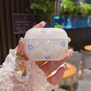 PHOEACC Cute Airpod Pro 2 Case (2022) Flower with Glitter Shell Pearl Keychain Marble Hard TPU Protective Cover Compatible with AirPods Pro 2nd Generation Case for Girls Teens Women (Floral White)