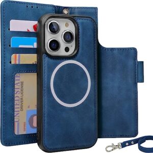 cavokas case wallet for iphone 14 pro wallet case, 6.1 inch magnetic detachable leather flip case with card holders, support magsafe wireless charging kickstand phone cover rfid block, blue
