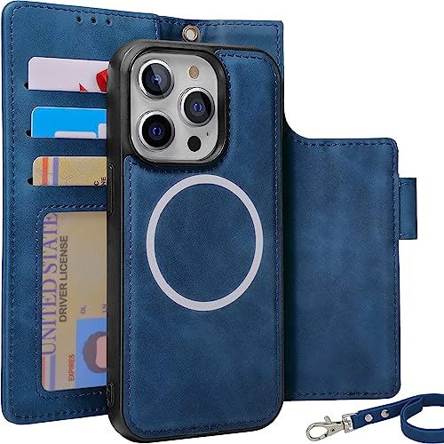 CAVOKAS Case Wallet for iPhone 14 Pro Wallet Case, 6.1 Inch Magnetic Detachable Leather Flip Case with Card Holders, Support MagSafe Wireless Charging Kickstand Phone Cover RFID Block, Blue