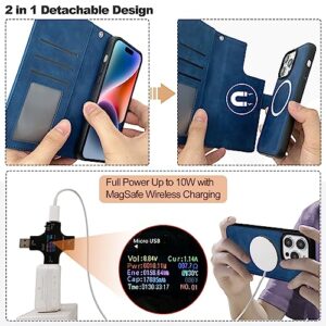 CAVOKAS Case Wallet for iPhone 14 Pro Wallet Case, 6.1 Inch Magnetic Detachable Leather Flip Case with Card Holders, Support MagSafe Wireless Charging Kickstand Phone Cover RFID Block, Blue