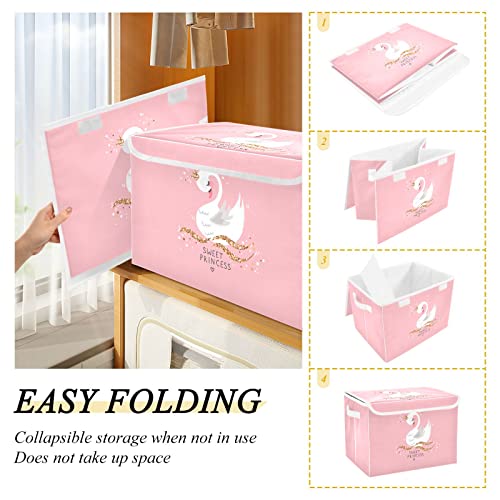 DOMIKING Sweet Princess Swan Pink Toy Storage Trunk with Lid Collapsible Storage Box Organizer with Handles for Bedroom Living Room Kid's Room