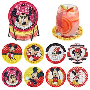 ceovr 8 pcs diy diamond painting coasters for drinks with holder, cute cartoon mouse diamond art coasters set housewarming gift for friends men women birthday home living room kitchen bar decorations