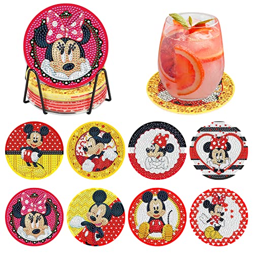 CEOVR 8 Pcs DIY Diamond Painting Coasters for Drinks with Holder, Cute Cartoon Mouse Diamond Art Coasters Set Housewarming Gift for Friends Men Women Birthday Home Living Room Kitchen Bar Decorations