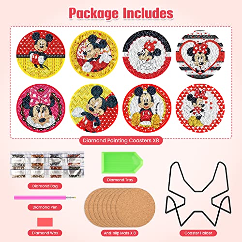 CEOVR 8 Pcs DIY Diamond Painting Coasters for Drinks with Holder, Cute Cartoon Mouse Diamond Art Coasters Set Housewarming Gift for Friends Men Women Birthday Home Living Room Kitchen Bar Decorations