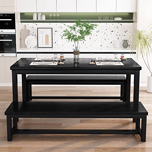 AWQM 43.3" Dining Table Set for 4 with 2 Benches, Metal Frame & Thickened Board for Kitchen, Restaurant, Black